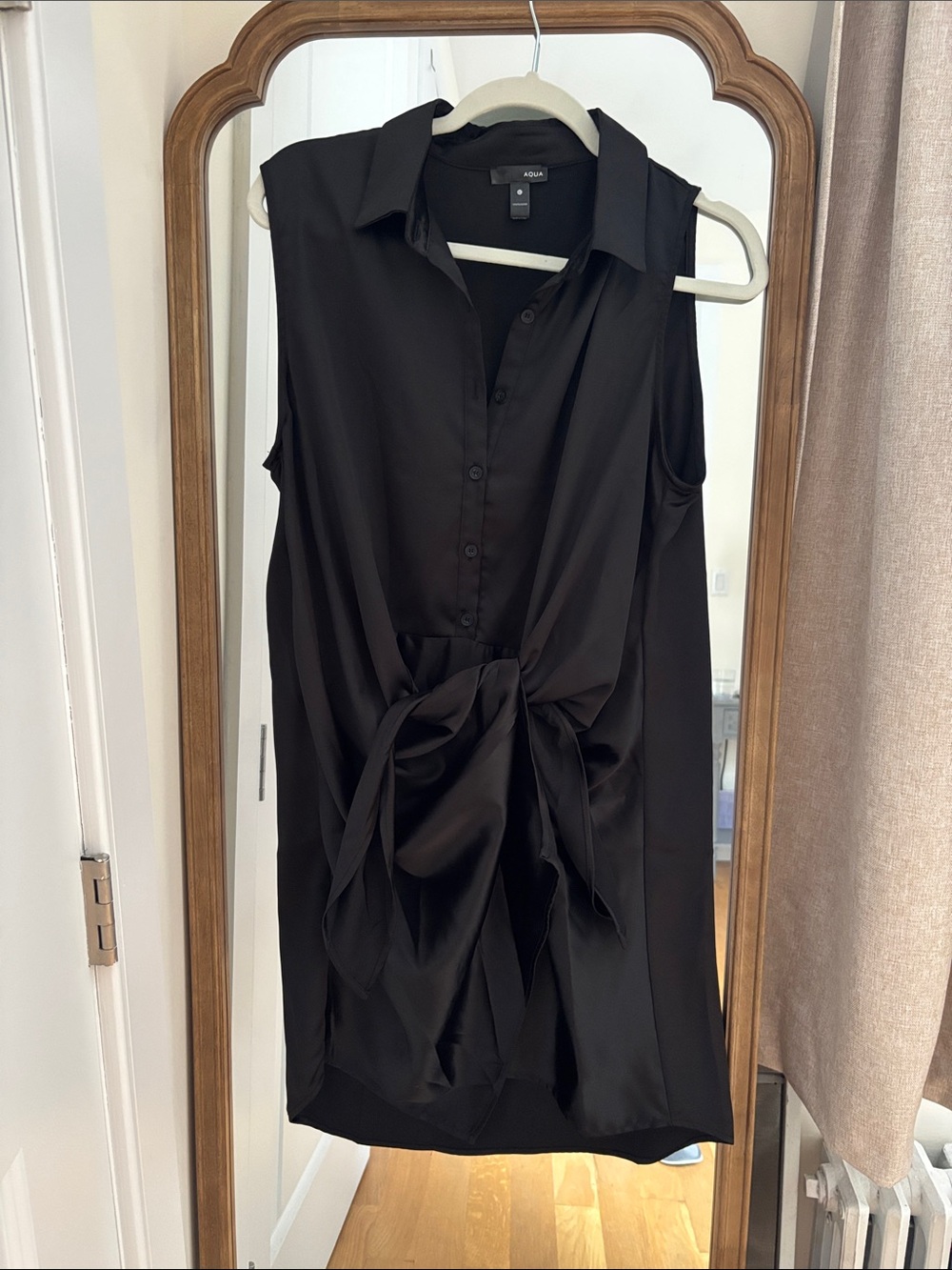 Aqua Black Sleeveless Tie-Front Tunic Top